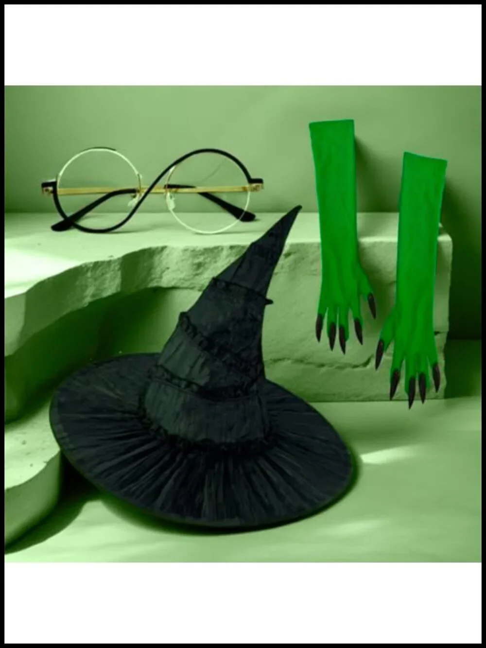 Witch Costume Set - Hat, Green Claw Gloves & Glasses - Halloween Cosplay Kit
